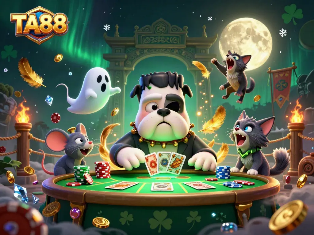 Engage in thrilling gameplay at TA88 with a cartoon monster dealing cards amidst enchanting casino elements.