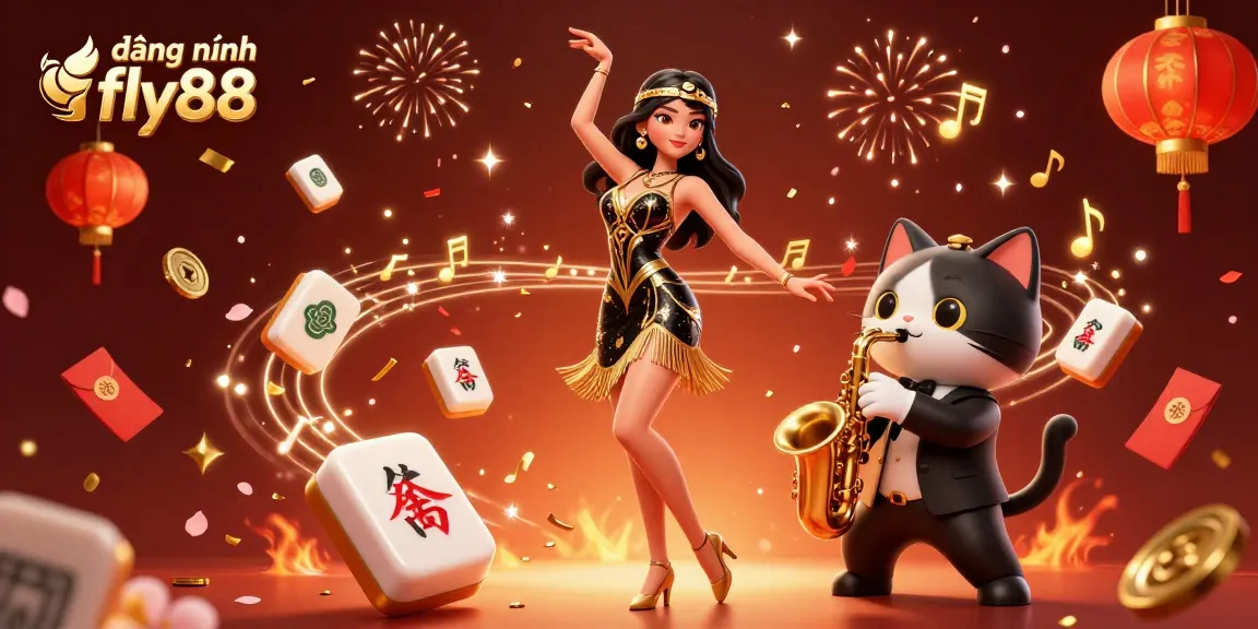 Engage with the vibrant world of đăng nhập fly88 featuring a lively flapper and a saxophone-playing cat surrounded by golden confetti and gaming elements.