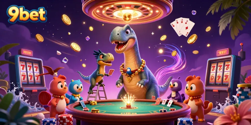 Play a thrilling round at 9bet with interactive casino elements including a giant brontosaurus and a clever raptor.