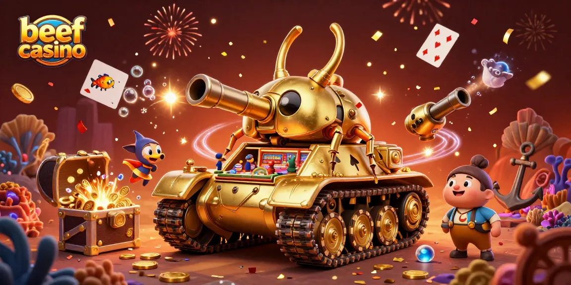 Erlebe das aufregende Beef Casino mit einem prächtigen goldenen Käferpanzer, der ein Miniatur-Casino enthüllt und von Spielkarten und Goldmünzen umgeben ist.