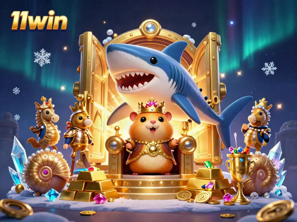 Experience thrilling gaming at 11win with a captivating golden hamster king, populating a treasure-filled casino.