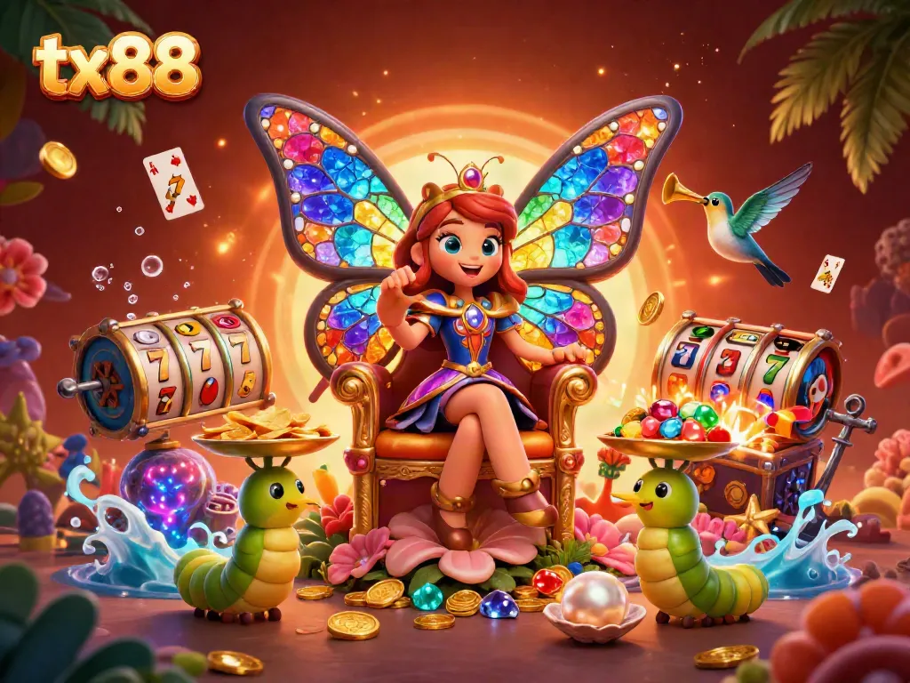Explore the vibrant world of tx88 with a lavish illustration of a butterfly queen and casino elements.