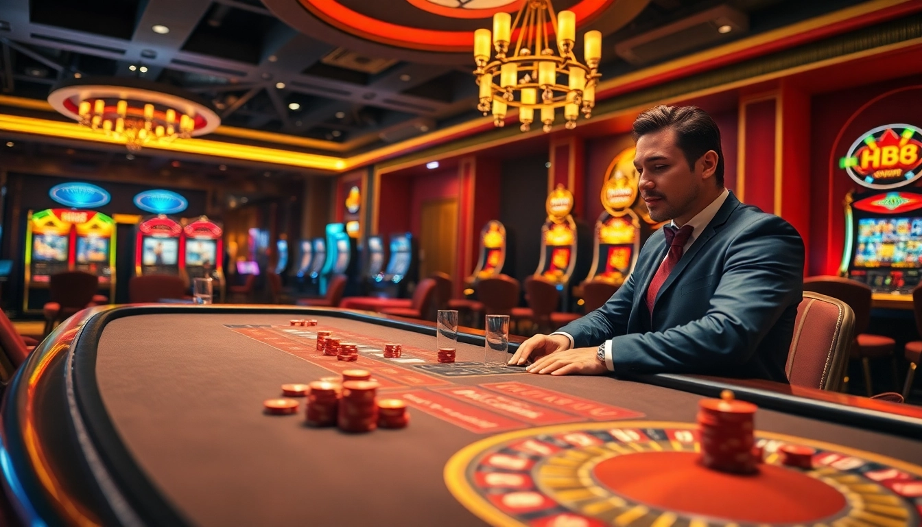 Experience the thrill of gambling at QH88 with a luxurious casino setting featuring poker chips and a roulette wheel.
