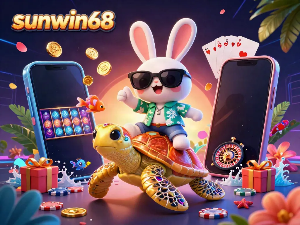 Play and win on sunwin68 with a captivating 3D cartoon scene showcasing a lucky rabbit and a golden turtle.