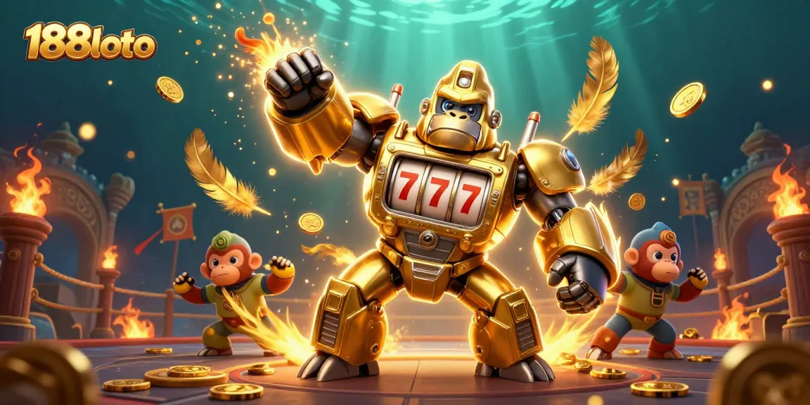 Experience the excitement of 188loto with a dynamic scene featuring a golden gorilla mech and cosmic casino elements.