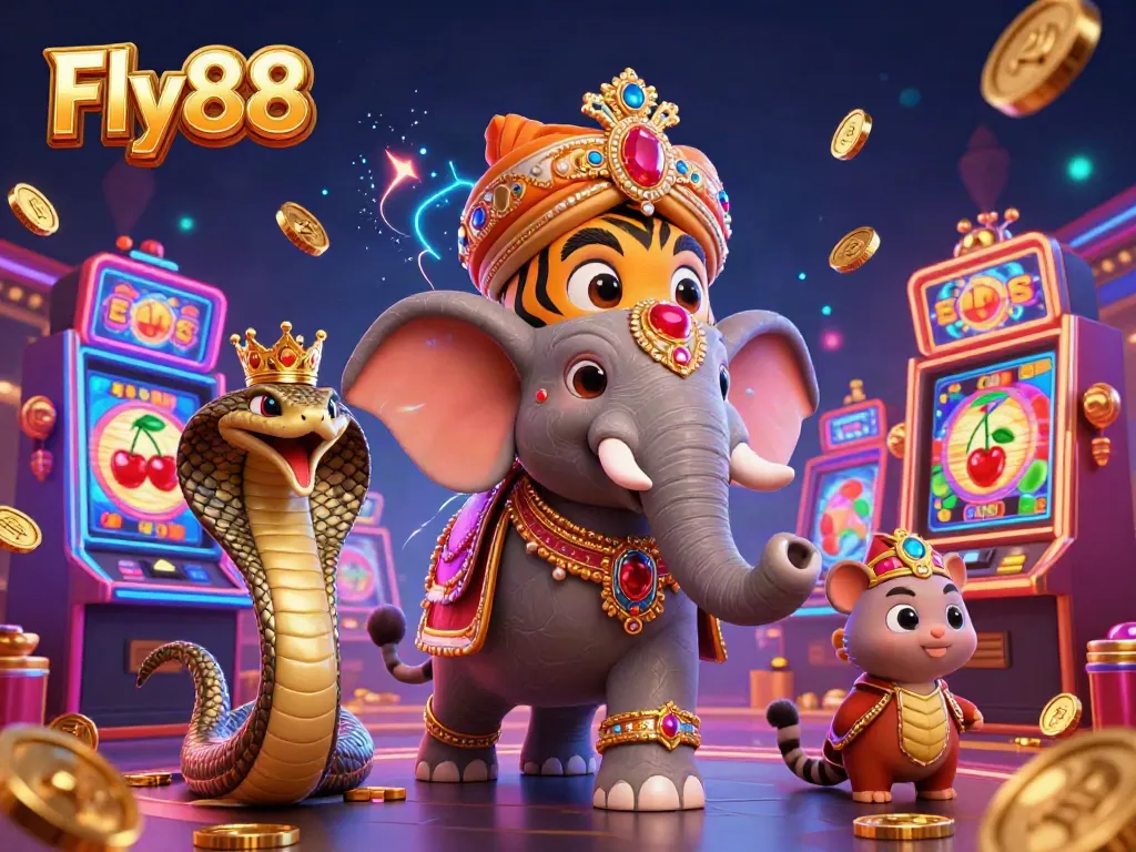 Experience thrilling gameplay at Fly88 with a vibrant casino scene featuring a maharaja, elephant, and dynamic game elements.