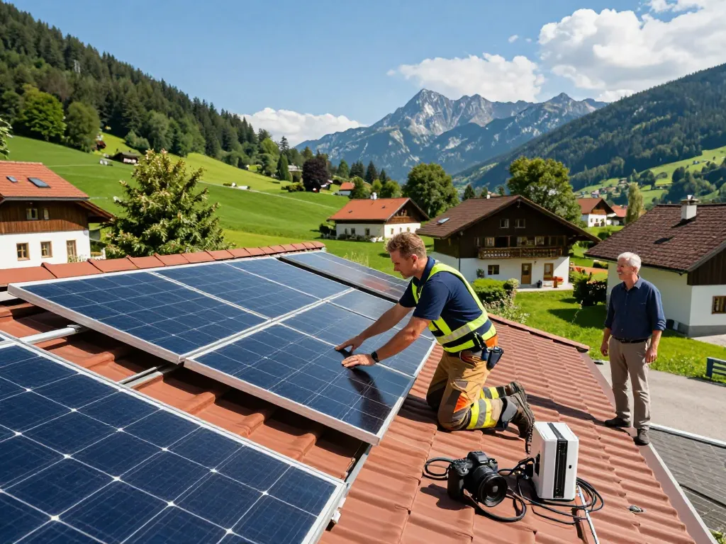 Photovoltaik Bayern Techniker inspiziert Solarpanels auf einem bayerischen Dach.