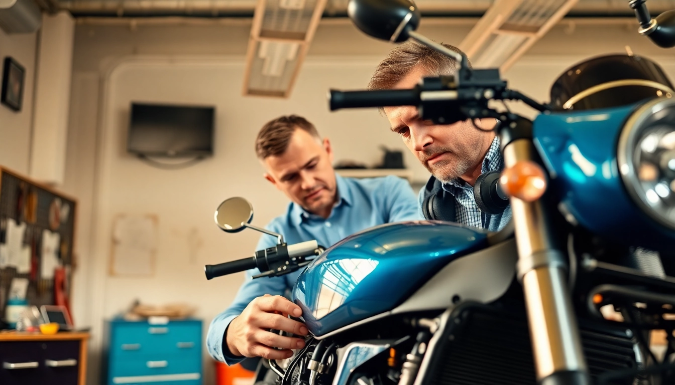 Motorrad Gutachter analysiert detailliert Motorrad in professioneller Umgebung.