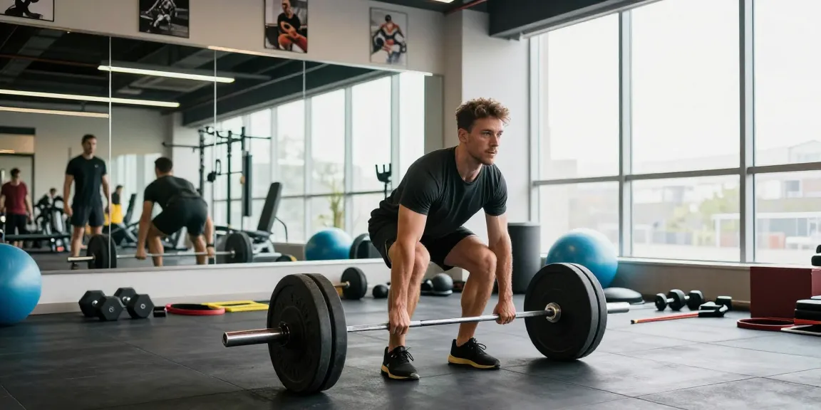 Ein Athlet hebt Gewichte im Fitnessstudio mit Global Pharma Steroids im Hintergrund.