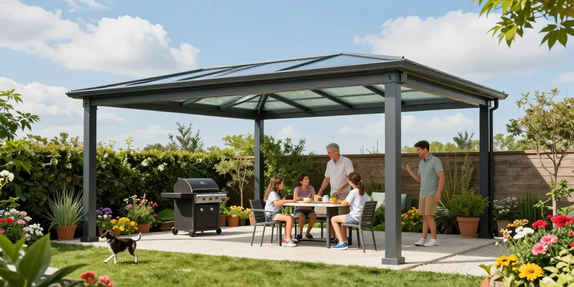Freistehende Terrassenüberdachung im Garten mit Familie, Grill und Blumen.