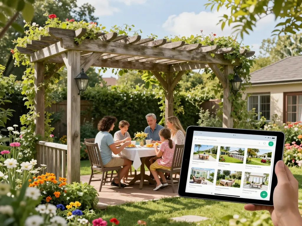 Eine Familie, die eine Mahlzeit unter einer schön gestalteten Pergola genießt, während sie einen Veranda 3D Konfigurator auf einem Tablet in einem üppigen Garten verwendet.