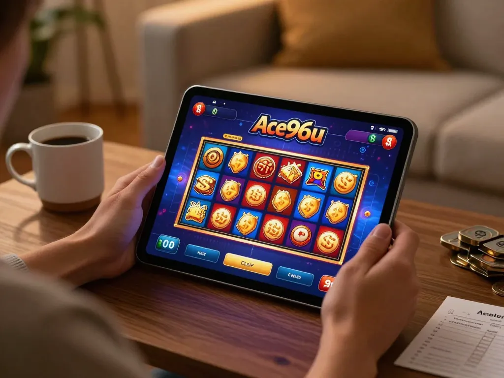 A player enjoying the Ace96au online casino app in a cozy home setting with a tablet displaying vibrant slots