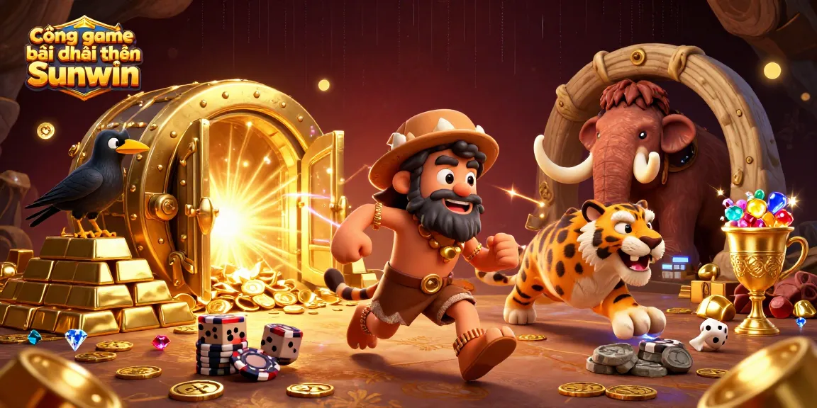 Cổng game bài đổi thưởng Sunwin showcases a vibrant prehistoric casino with captivating characters and golden treasures.