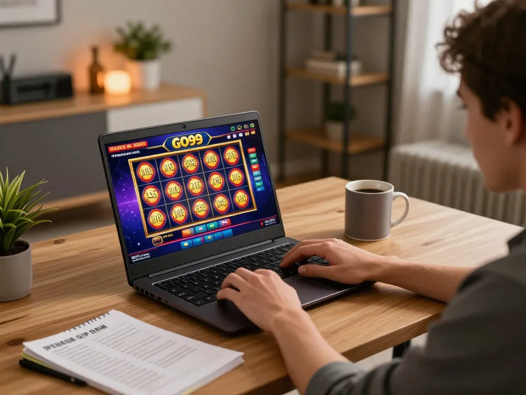 Engaging in GO99 online casino gaming with vibrant slot interface and strategy notes on the table