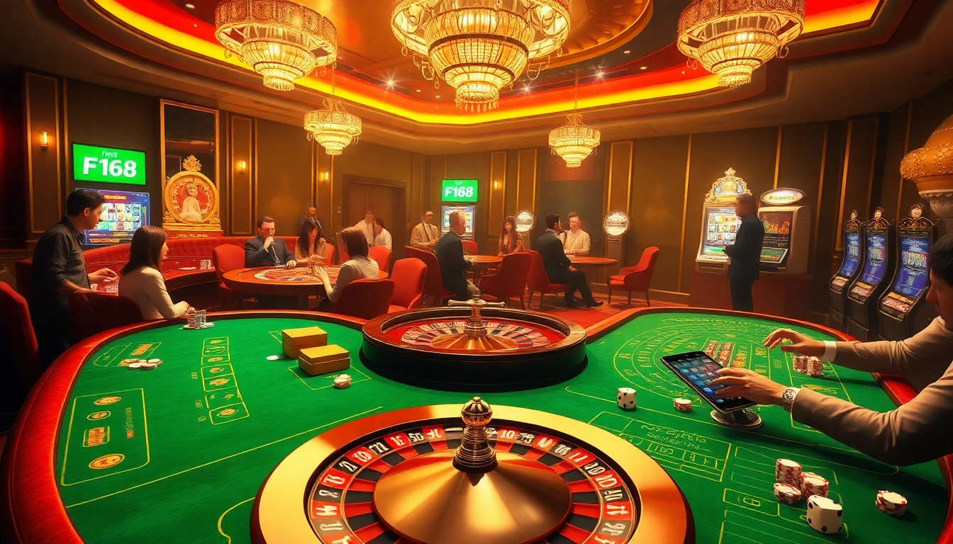 Casual gamers strategizing at https://f168.sarl/ casino tables amidst bright slot machines.