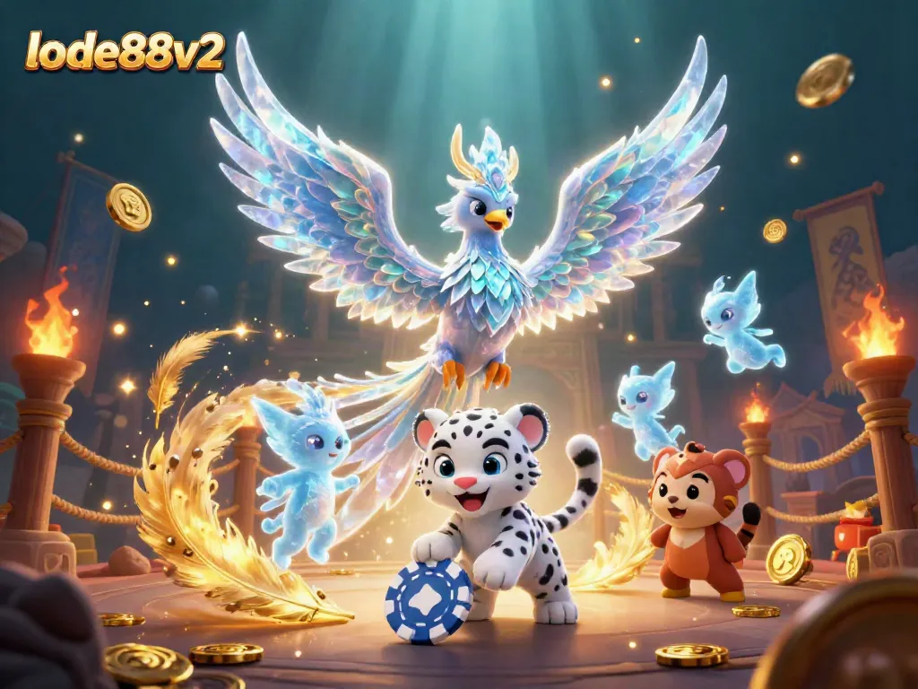 Experience excitement in 3D with lode88v2 as an ice phoenix and snow leopard unite in a vibrant casino scene.