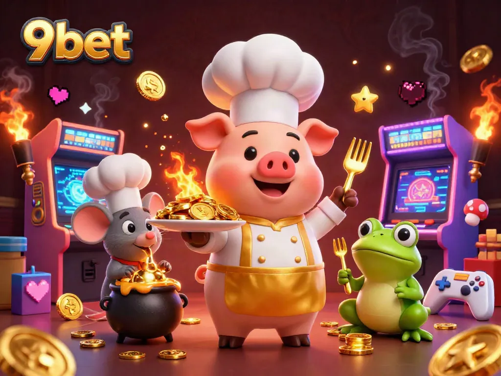 Engage with thrilling 9bet gameplay featuring a chef pig and gold coins in this vibrant casino illustration.