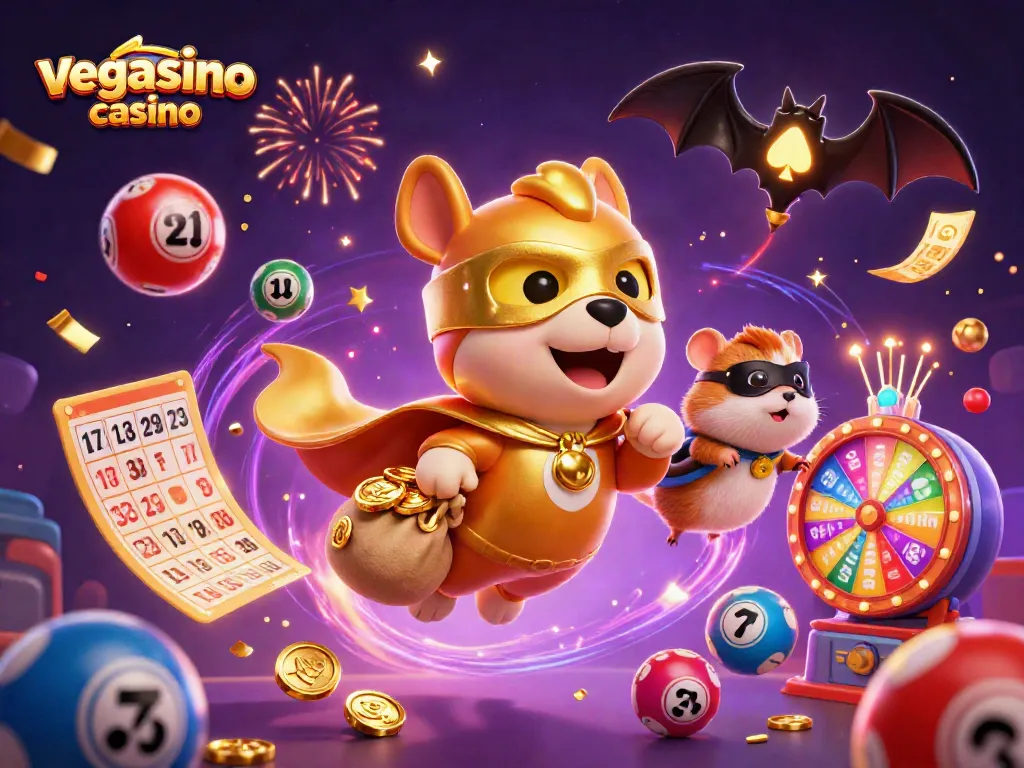 Experience the excitement at vegasino casino with our superhero duo in action, capturing gold coins amidst vibrant game elements.