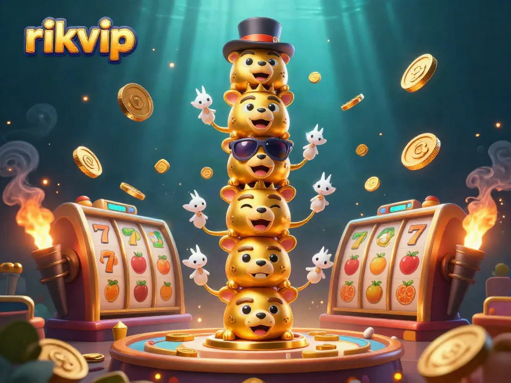 Experience the excitement of rikvip with a dynamic 3D scene featuring vibrant slots reels and a lively golden totem pole.
