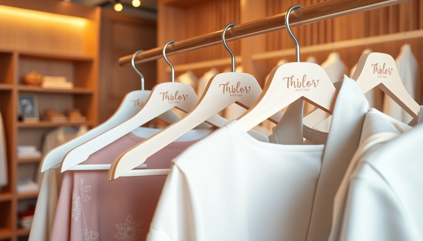 Showcase individueller bedruckte kleiderbügel in einer geschmackvollen Boutique mit elegantem Design.