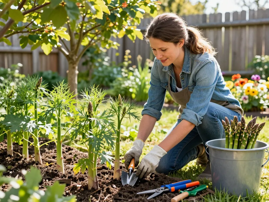 Healthy spargelpflanzen growing in a sunlit garden with a gardener nurturing them.