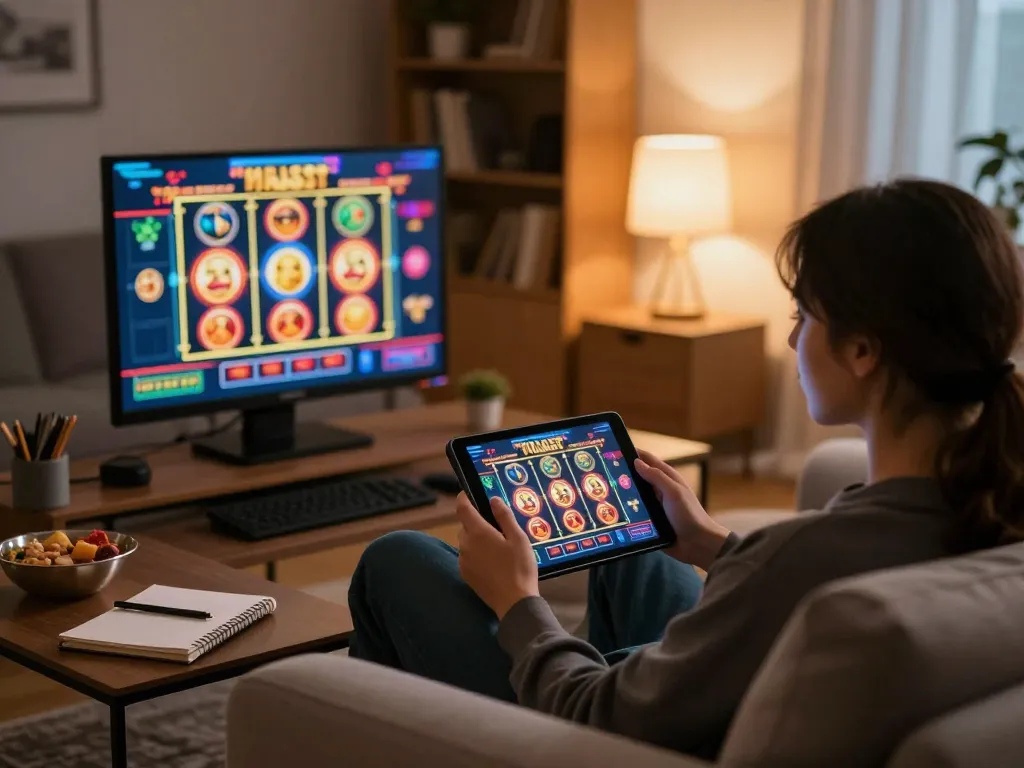Engage in thrilling online casino games with RR88 on a cozy couch, showcasing a player using a tablet for gameplay.