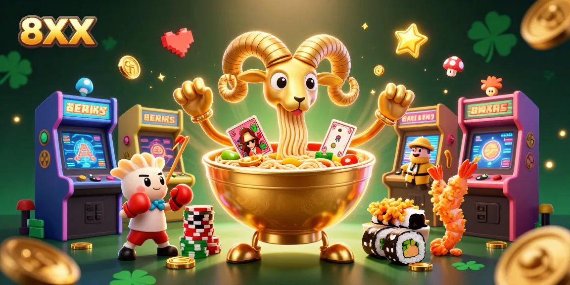 8XX casino illustration featuring giant ramen bowl characters dealing cards amidst colorful game elements.