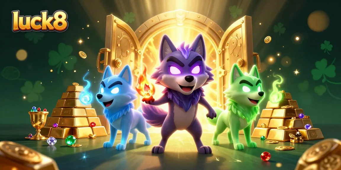 Experience the thrill of luck8 with animated wolves surrounded by treasure and casino elements.
