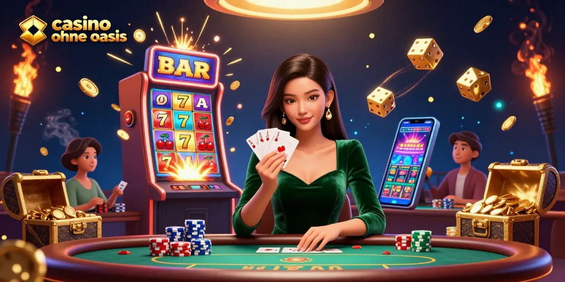 Play exciting games at a vibrant casino ohne oasis table, featuring an Asian woman in an emerald dress with sparkling gold details.