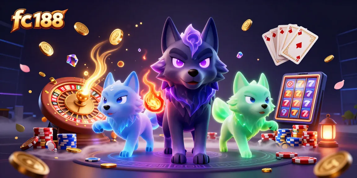 Join the exciting fc 188 casino experience with a dynamic cartoon scene and vibrant game elements.