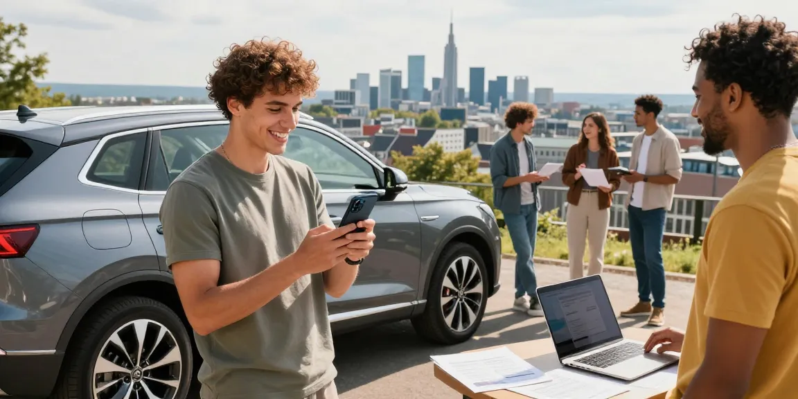 Kfz Versicherung Dortmund - Junge Fahrer feiern den Vergleich von Autoversicherungen in Dortmund mit Freunden und Aussicht auf die Stadt.