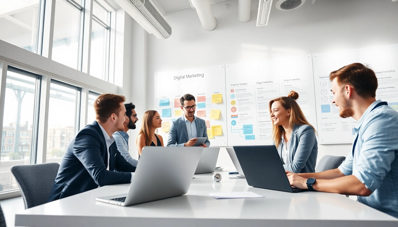 Strategien im Online Marketing mit einem engagierten Team im modernen Büro entwickeln.