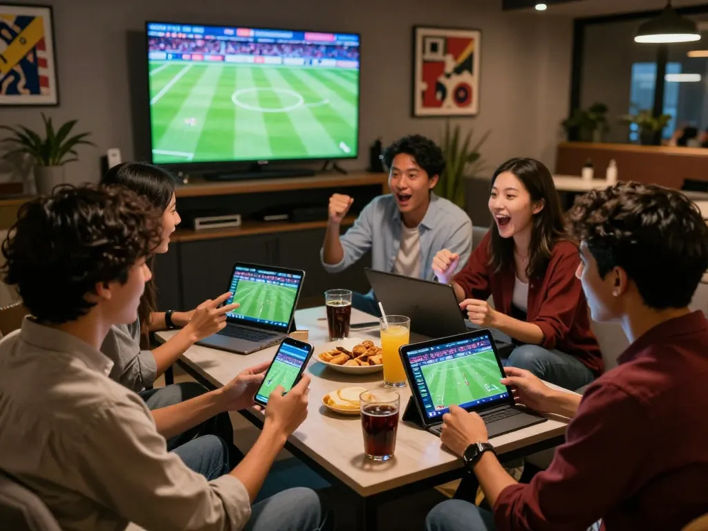 Excited friends engaged in tỷ lệ kèo bóng đá analysis in sports lounge.