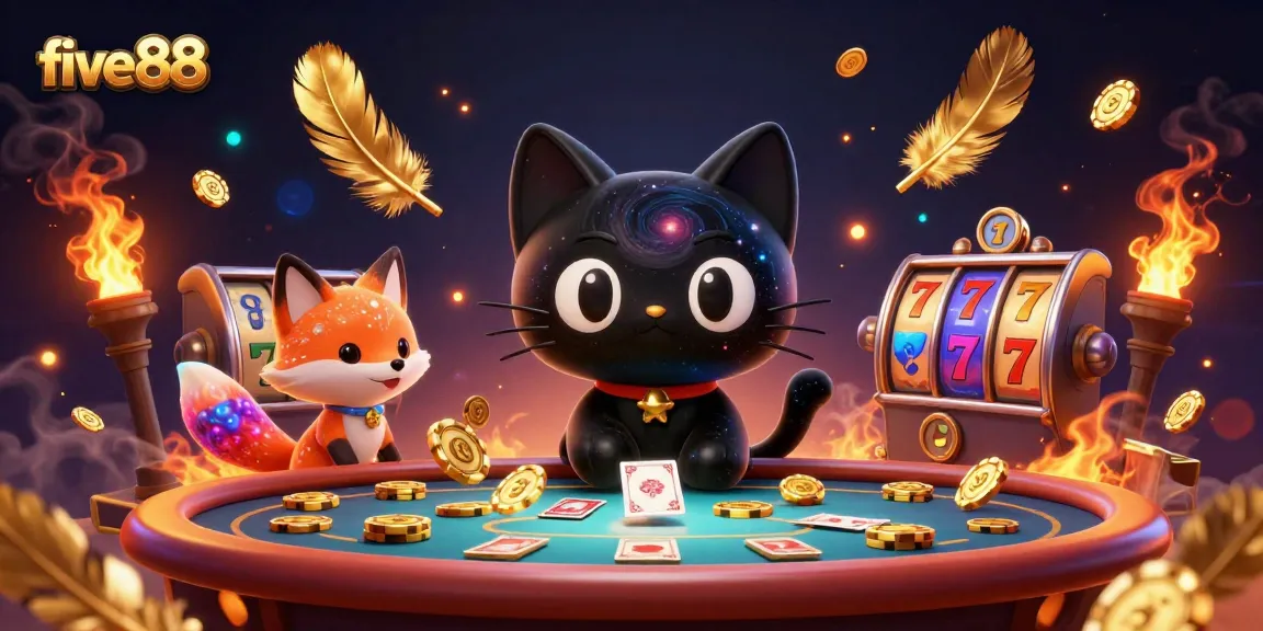 Join the cosmic fun at five 88 as the black hole cat draws in winnings at the spinning slot table!