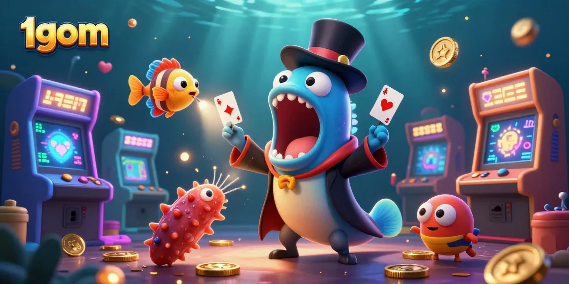 1gom showcases thrilling card tricks performed by a bioluminescent gulper eel in a vibrant casino scene with arcade machines.
