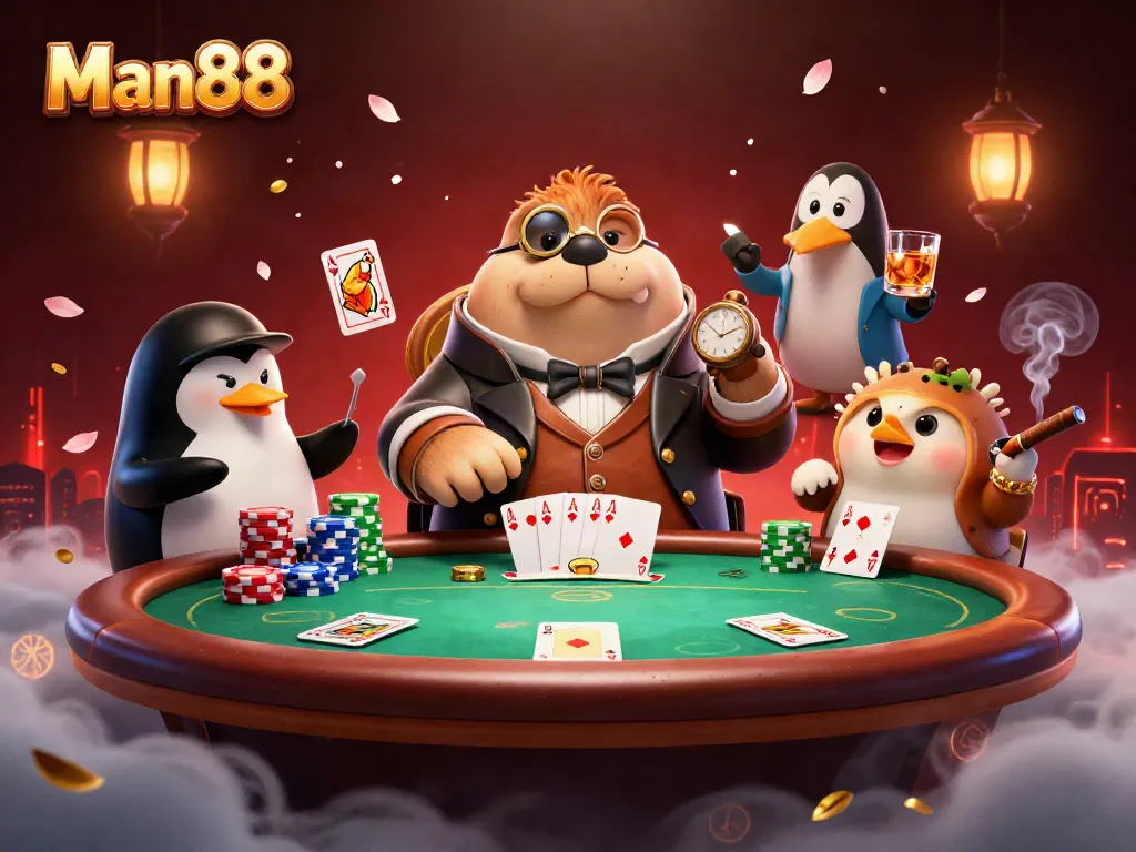 Man88 players enjoy an underwater poker game with vibrant characters and dynamic elements in a rich scene.