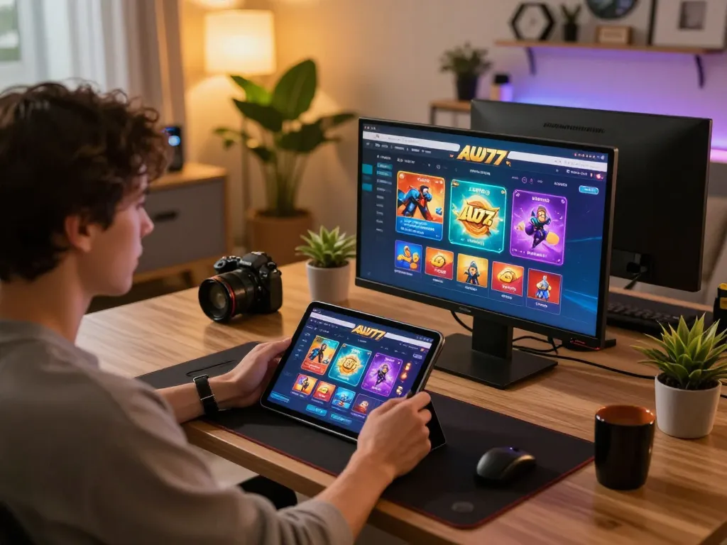 Engaging with aud77 online casino on a tablet in a cozy gaming setup at home.
