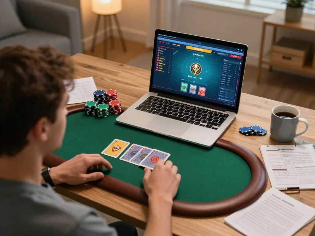 Players enjoying an online poker game on a laptop, highlighting Sunwin's interactive gambling experience.