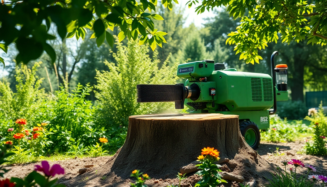 Effizienter Baumfräser, der an einem Baumstumpf in einer lebendigen Gartenumgebung arbeitet
