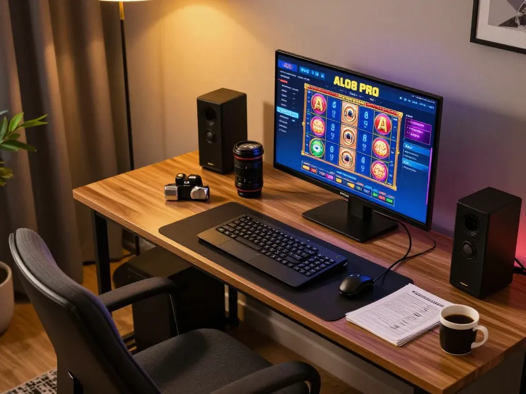 Engaging online gaming scene featuring ALO8 PRO app on a laptop with colorful slots, cozy home atmosphere.