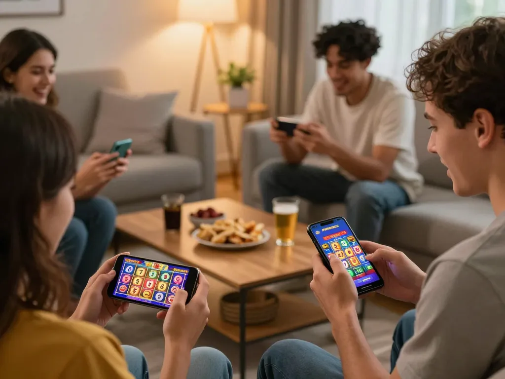 Engaged players spin the slot spaceman game on their smartphones in a cozy home setting.