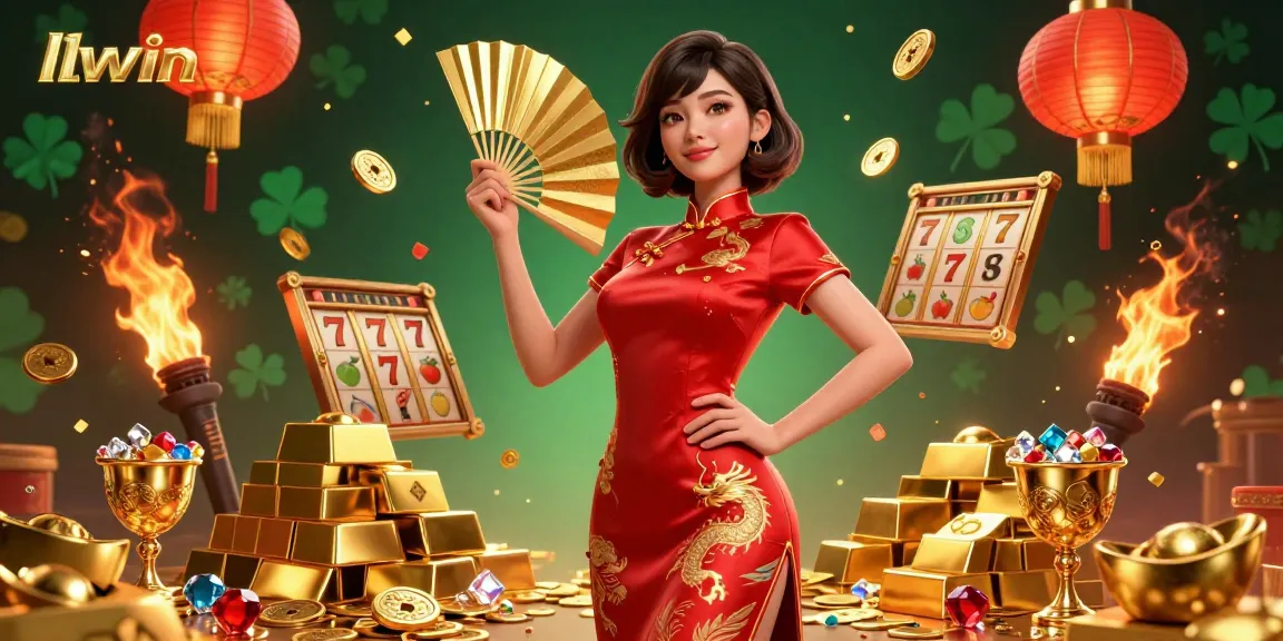 Experience the thrill of llwin with a vibrant 3D illustration showcasing casino slot excitement and golden treasures.