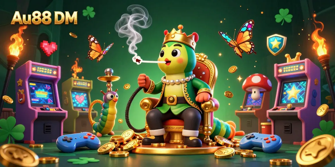 Experience the excitement of gaming at Au88 DM with vibrant casino elements and a 3D caterpillar theme.