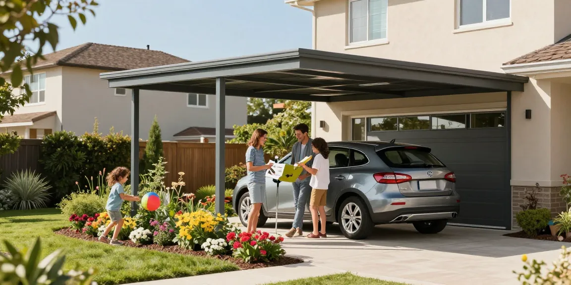 Moderne Carport-Lösung mit Familie im Garten und Spielaktivitäten.