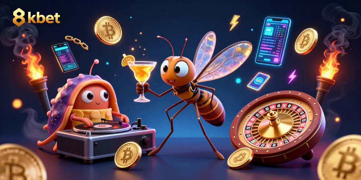 8xbet casino scene featuring lively characters and cryptocurrency elements for online gaming.