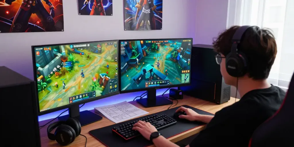 Player focused on ROKOK88 slot login, navigating strategies for leveling and hidden quests in an immersive gaming setup.