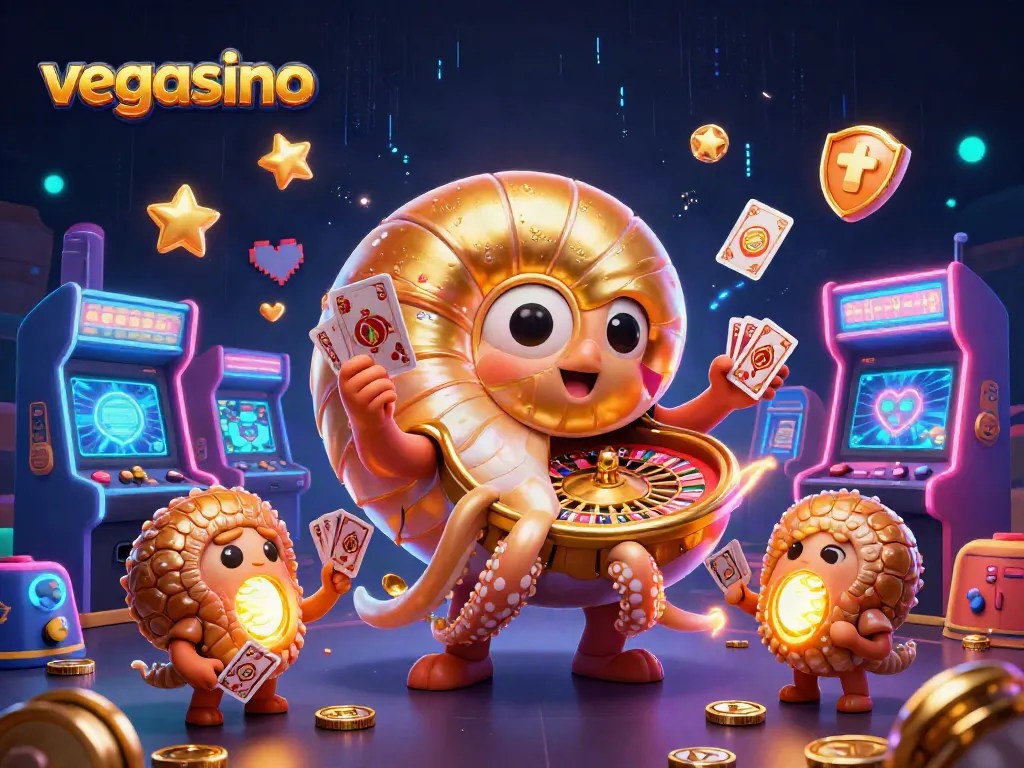 Experience the thrilling atmosphere of vegasino with a 3D nautilus roulette wheel and glowing game elements.