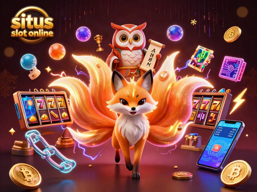 Experience thrilling fun at situs slot online with engaging slot reels and a vibrant nine-tailed fox.