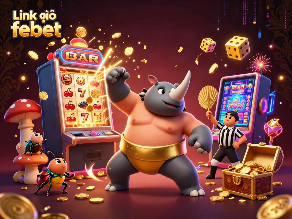 Engage in exhilarating gaming with Link vào febet featuring a dynamic casino scene overflowing with exciting slot elements and vibrant characters.