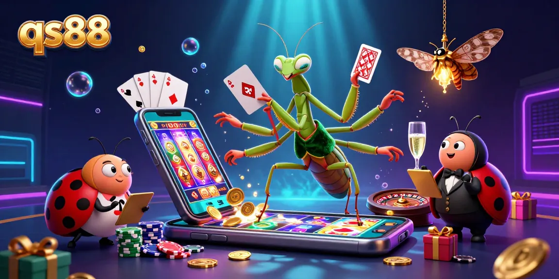 Engage in exciting games at qs88 while witnessing a giant mantis card sharp and ladybug pit boss creating a casino atmosphere